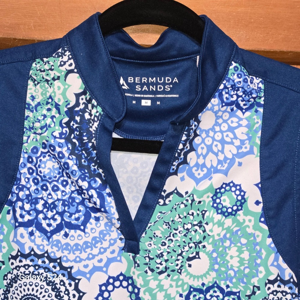 Bermuda Sands Womens Blue Mandala Print Sleeveless Golf Polo Performance Top M